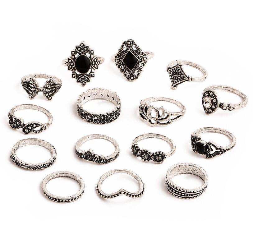 15pcs/SET Women Rings Lady Jewelry Retro Bohemia Vintage Silver lotus Fashion Gift