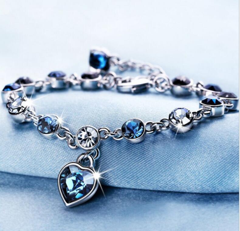 JC Gift Women Bracelets Fashion Ladies Bracelet girl Classic Jewelry Heart of Sea Crystal Silver Heart Bracelets Blue Sapphire Tanzanite Chain Bracelet