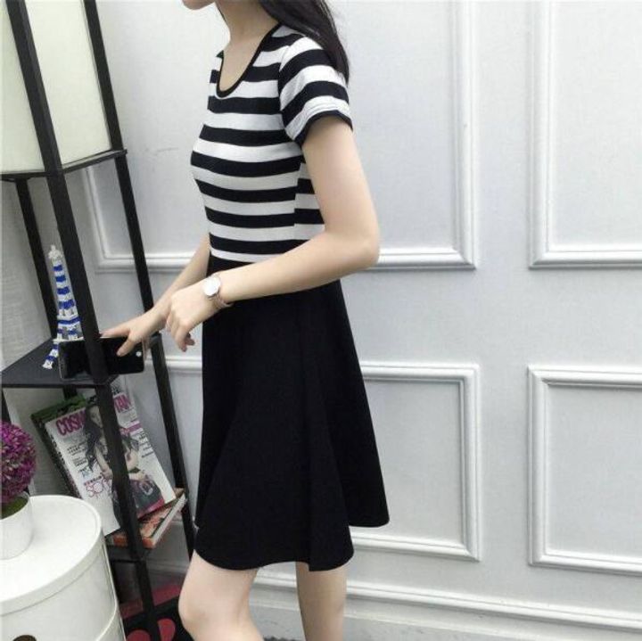 Jc Women Clothes Dress Cross Border Students Slim Striped Short Sleeve High Waist Crew Neck L Black White