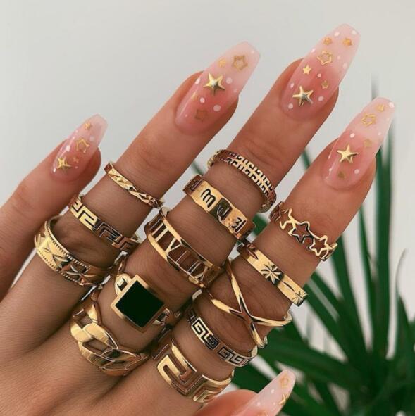 JC 13 pcs/SET Women Rings Jewelry alloy geometric element letter star rings  Gold Finger Retro Geometric Letter Knotted Midi Finger Rings Set