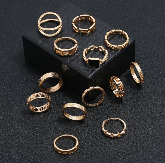 JC 13 pcs/SET Women Rings Jewelry alloy geometric element letter star rings  Gold Finger Retro Geometric Letter Knotted Midi Finger Rings Set