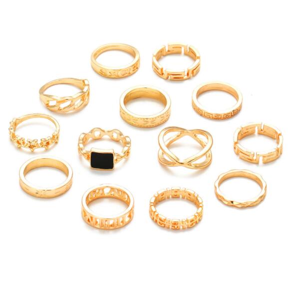 JC 13 pcs/SET Women Rings Jewelry alloy geometric element letter star rings  Gold Finger Retro Geometric Letter Knotted Midi Finger Rings Set