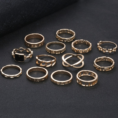 JC 13 pcs/SET Women Rings Jewelry alloy geometric element letter star rings  Gold Finger Retro Geometric Letter Knotted Midi Finger Rings Set