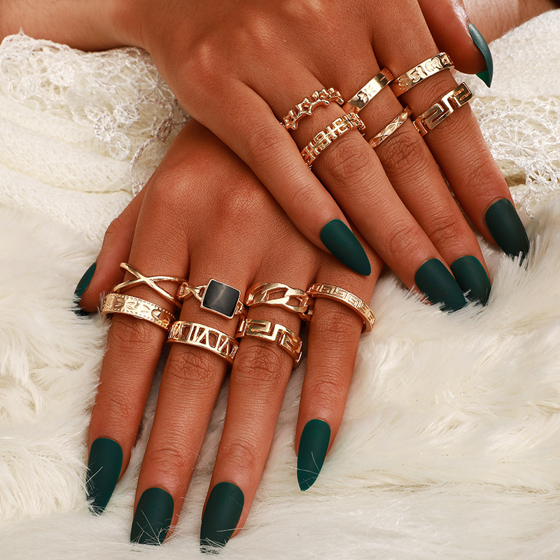 JC 13 pcs/SET Women Rings Jewelry alloy geometric element letter star rings  Gold Finger Retro Geometric Letter Knotted Midi Finger Rings Set