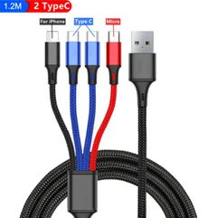 JC 4FT 4 in 1  USB to (2Type-c /Micro/iPhone)  Nylon Braided Multiple USB Fast Charging cable Cord Adapter for Cell Phones 4 in 1 Port Connectors Cable 3A Fast Charging 4 colors 2Type-c+ 1iphone +1Mic