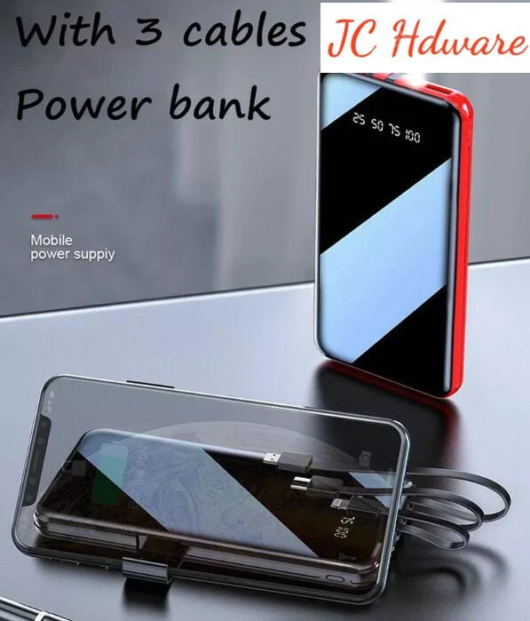 JC Rechargeable 20000mAh Mobile Power Bank Mobile Powerbank With Built-In 3 In 1 Cable LED Display Fast Charging fast charging external battery charger mirror screen