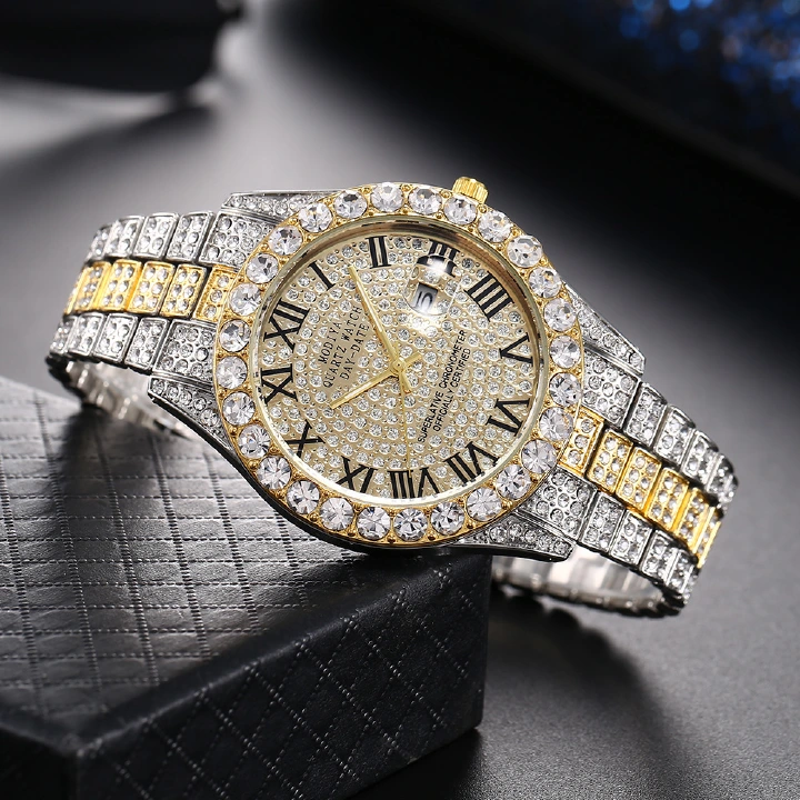 JC Luxury Men watches Calendar Star Roman Scale Diamond Custom Bling Hip Hop Fully Iced Watch Gold Blue Dial Quartz Diamond Quartz W