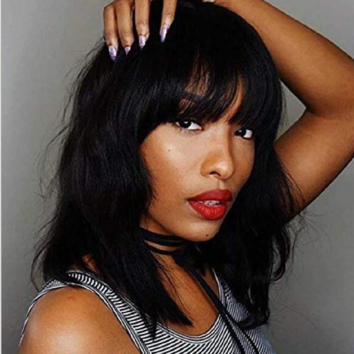 JC  Fashionable short curly women wigs hair with straight bangs and slightly curled collarbone hairstyle