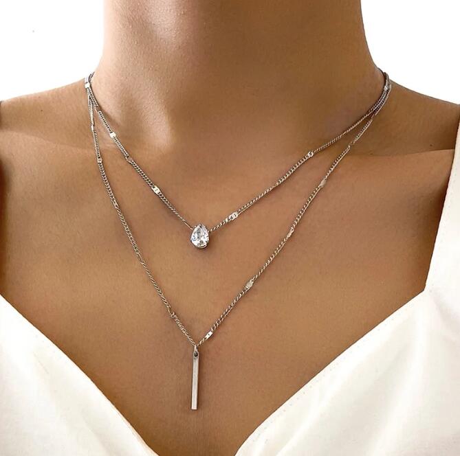 JC WOMEN necklaces double layer water droplet shaped diamond pendant Jewelry collarbone chain, simple long rod pendant, necklace folding SilverSilver