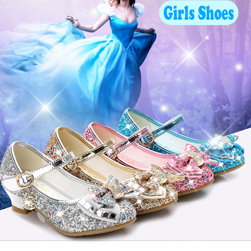 Princess Kids Leather Shoes for Girls Flower Casual Glitter Children High Heel Girls Shoes