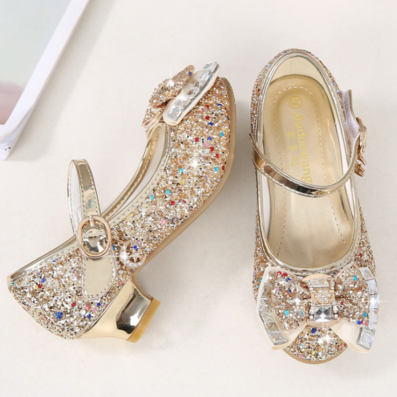 Princess Kids Leather Shoes for Girls Flower Casual Glitter Children High Heel Girls Shoes