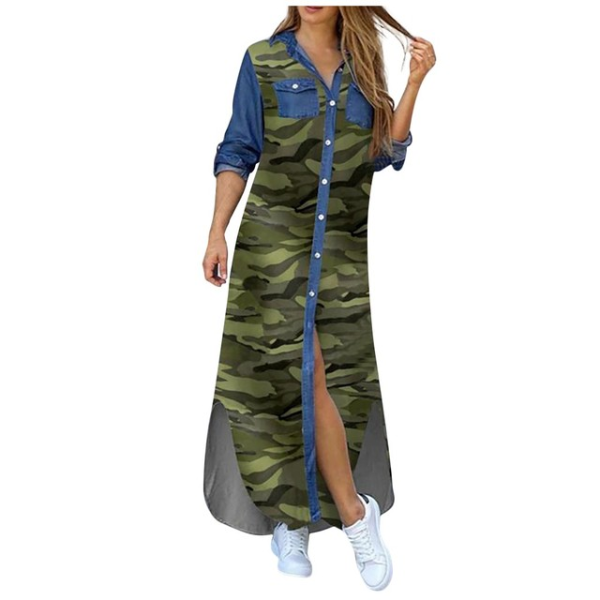 Autumn Long Dress Long Sleeve Shirt Dress Women Denim Long Dresses Pocket Button  Skirts