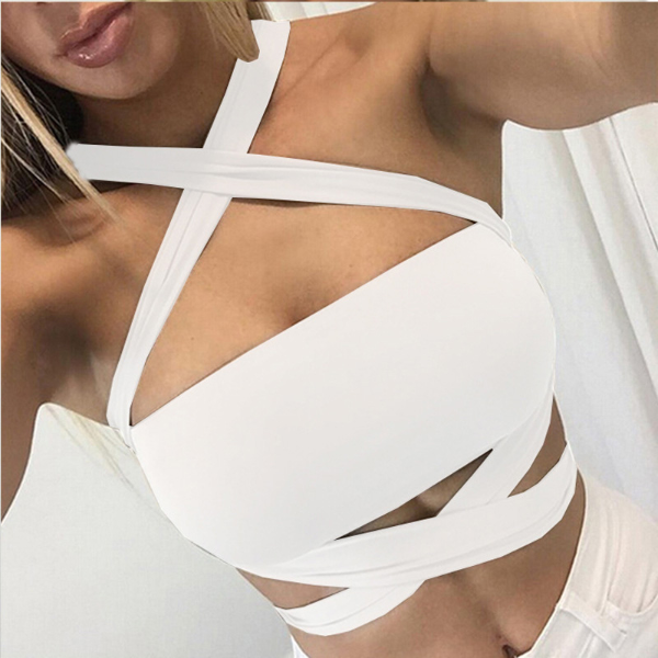 Women Summer Sexy Criss Cross Halter Bandage Crop Top Tank Cut Out Bustier Cami Tops