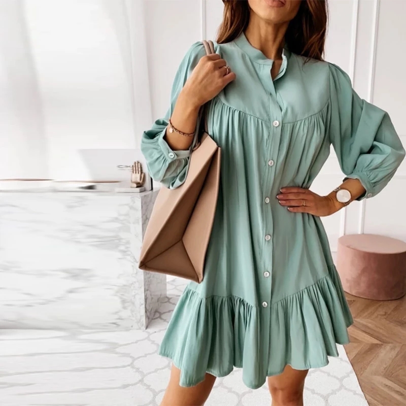 Women Vintage Ruffled Front Button A-line Dress Long Sleeve Stand Collar Solid Elegant Dresses