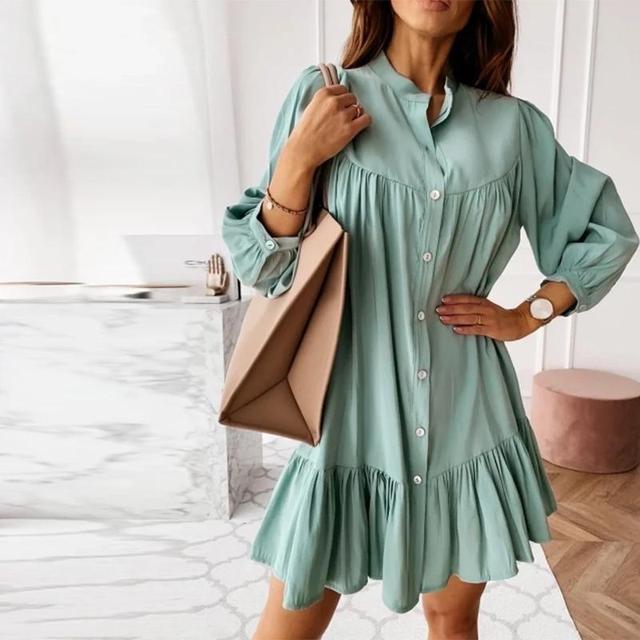 Women Vintage Ruffled Front Button A-line Dress Long Sleeve Stand Collar Solid Elegant Dresses