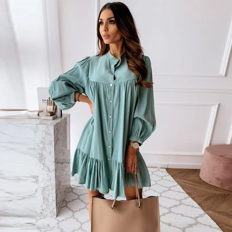 Women Vintage Ruffled Front Button A-line Dress Long Sleeve Stand Collar Solid Elegant Dresses