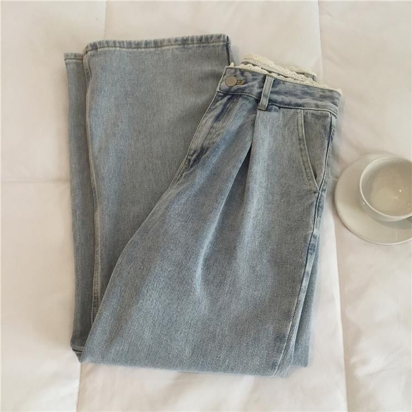 Women Jeans Vintage Female Wide Leg Trousers Lace Pleated Women Clothes Casual Loose Denim Trousers & Leggings
