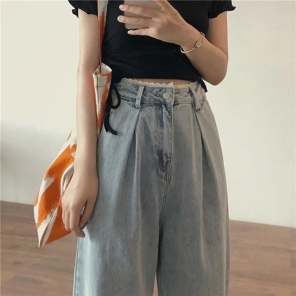 Women Jeans Vintage Female Wide Leg Trousers Lace Pleated Women Clothes Casual Loose Denim Trousers & Leggings