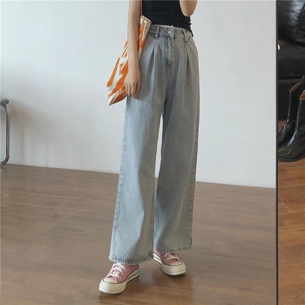 Women Jeans Vintage Female Wide Leg Trousers Lace Pleated Women Clothes Casual Loose Denim Trousers & Leggings