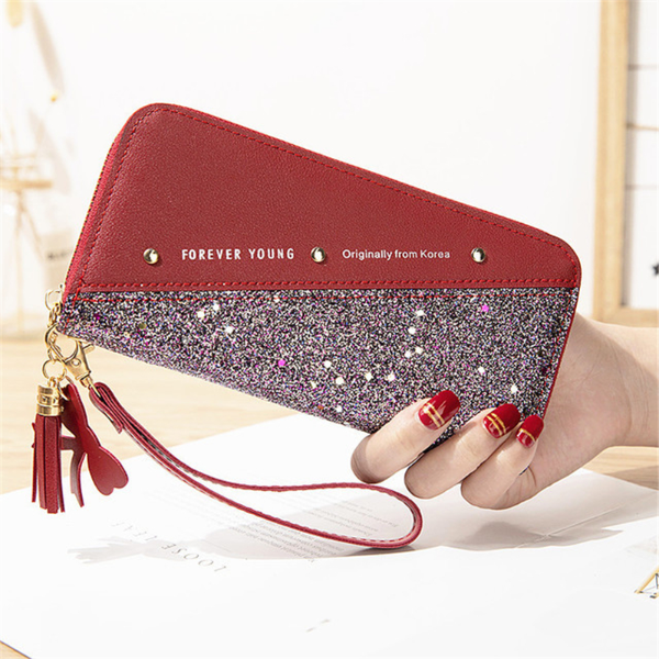 Luxury Long Wallet For Women Patchwork Sequin Clutch Glitter Pu Leather Ladies Phone Wallets New Wallet Long Women's Zipper Wallet Female Student Korean Version Contrast Tassels Versatile Rivet Mobile