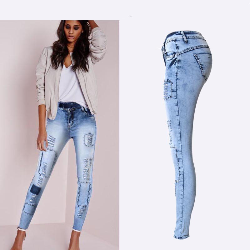 Summer Style Low Waist Sky Blue Patchwork Skinny Tights Women Pencil Jeans High Stretch Sexy Trousers & Leggings