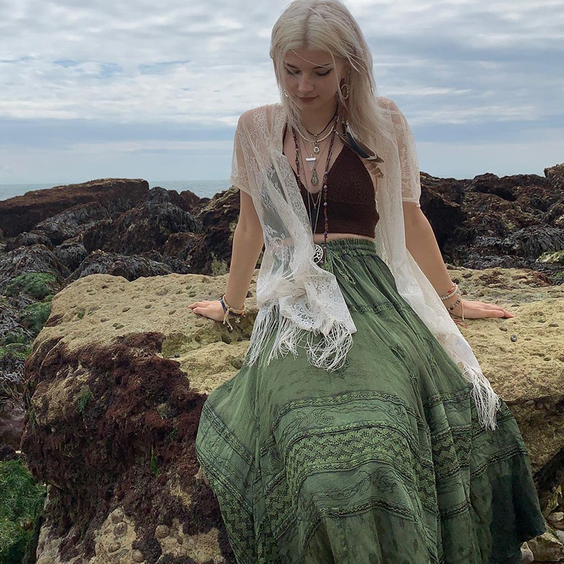 Vintage Boho Midi Skirts Fairycore Grunge Kawaii Bow High Waist Long Pleated  Skirts