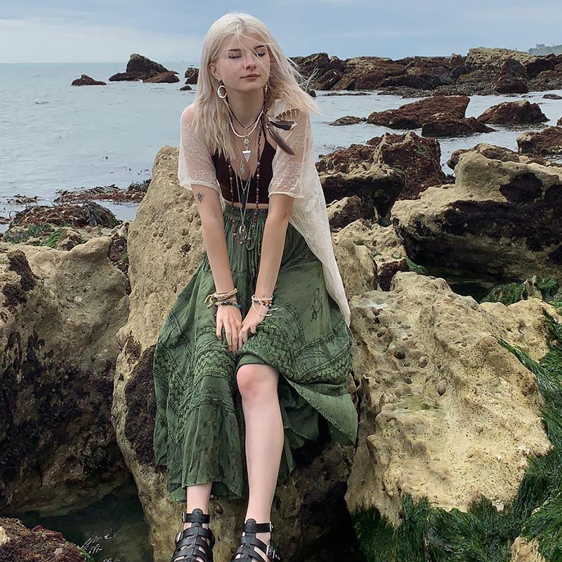 Vintage Boho Midi Skirts Fairycore Grunge Kawaii Bow High Waist Long Pleated  Skirts