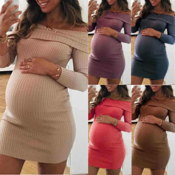 Spring New Style Women's Pregnancy casual slash neck Mini Dress Maternity Dresses