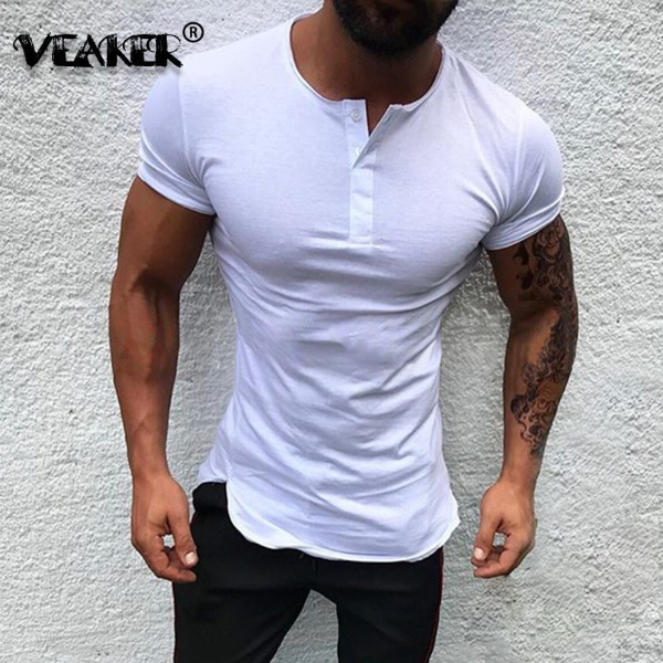 2022 Men's Button Tshirts Short Sleeve Cotton Fitness V Neck T Shirt For Man Slit T-shirts & Polos