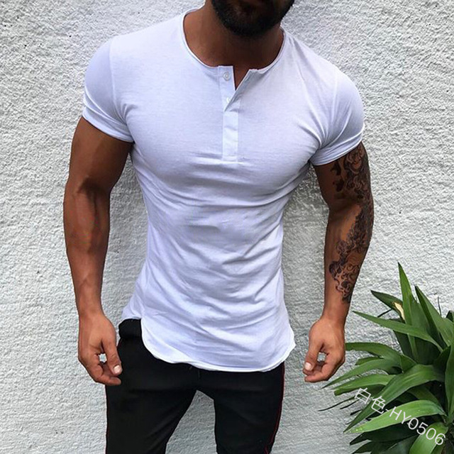 2022 Men's Button Tshirts Short Sleeve Cotton Fitness V Neck T Shirt For Man Slit T-shirts & Polos
