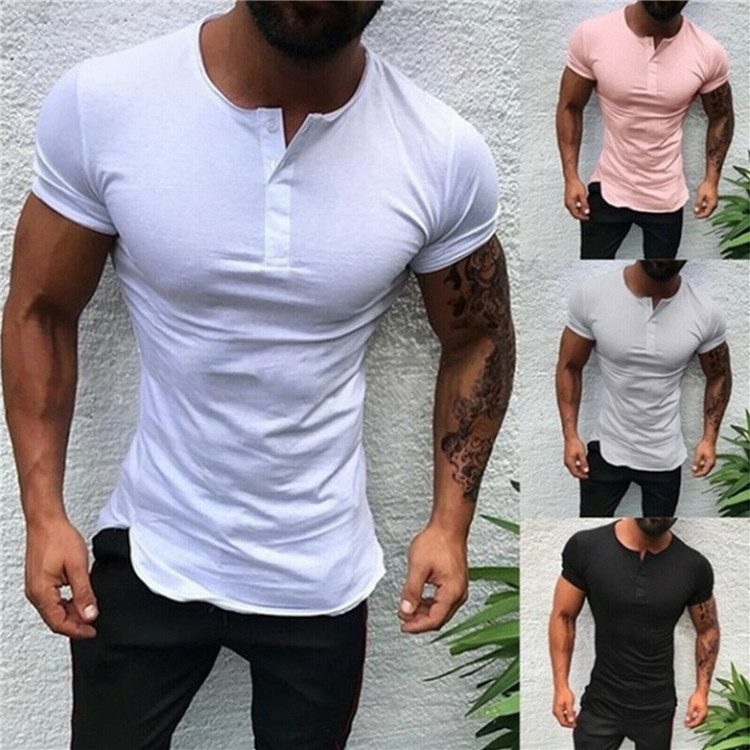 2022 Men's Button Tshirts Short Sleeve Cotton Fitness V Neck T Shirt For Man Slit T-shirts & Polos