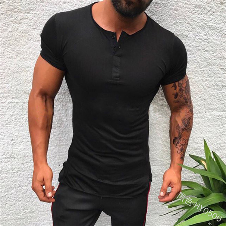 2022 Men's Button Tshirts Short Sleeve Cotton Fitness V Neck T Shirt For Man Slit T-shirts & Polos