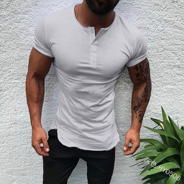 2022 Men's Button Tshirts Short Sleeve Cotton Fitness V Neck T Shirt For Man Slit T-shirts & Polos