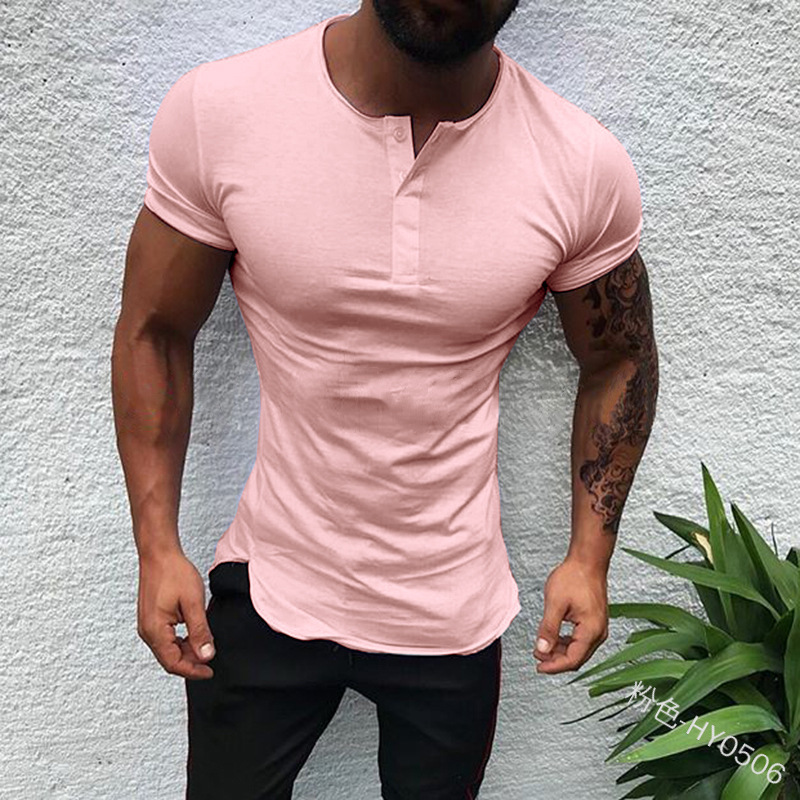 2022 Men's Button Tshirts Short Sleeve Cotton Fitness V Neck T Shirt For Man Slit T-shirts & Polos