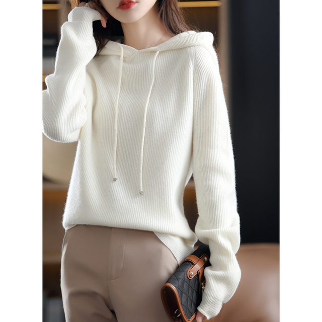 100% Australian Wool Knitted Hoodie Women's Autumn Winter Thickening Warmth Solid Color Loose Large Size Wild Tops