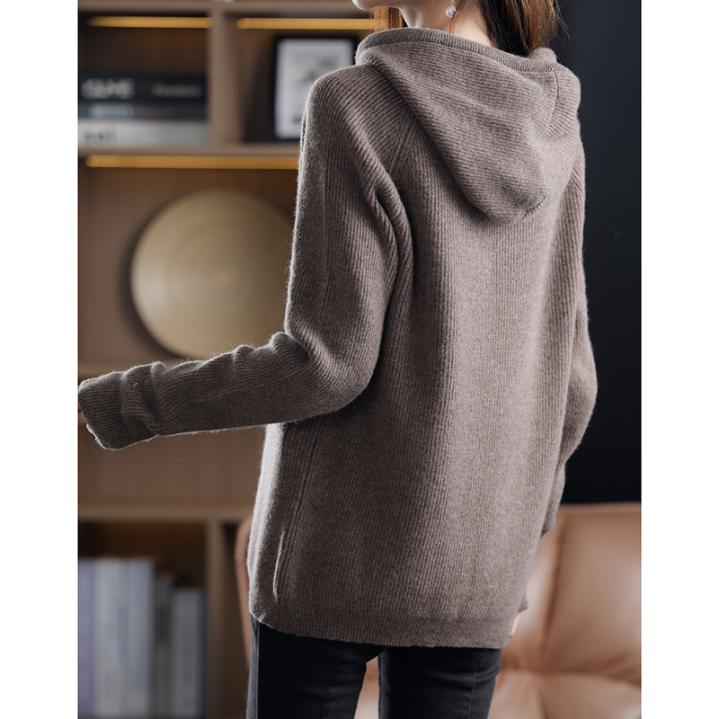 100% Australian Wool Knitted Hoodie Women's Autumn Winter Thickening Warmth Solid Color Loose Large Size Wild Tops