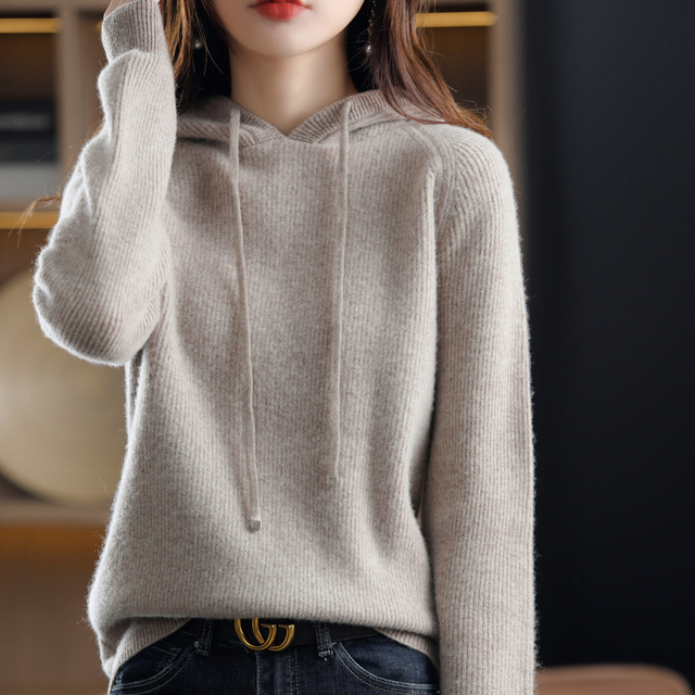100% Australian Wool Knitted Hoodie Women's Autumn Winter Thickening Warmth Solid Color Loose Large Size Wild Tops