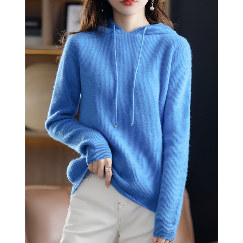 100% Australian Wool Knitted Hoodie Women's Autumn Winter Thickening Warmth Solid Color Loose Large Size Wild Tops