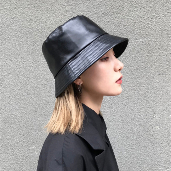 Winter Autumn Solid Black Soft PU Leather Bucket Cap Retro Lady Panama Hat Outdoor Sunscreen  Hats & Caps