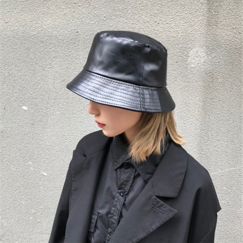 Winter Autumn Solid Black Soft PU Leather Bucket Cap Retro Lady Panama Hat Outdoor Sunscreen  Hats & Caps