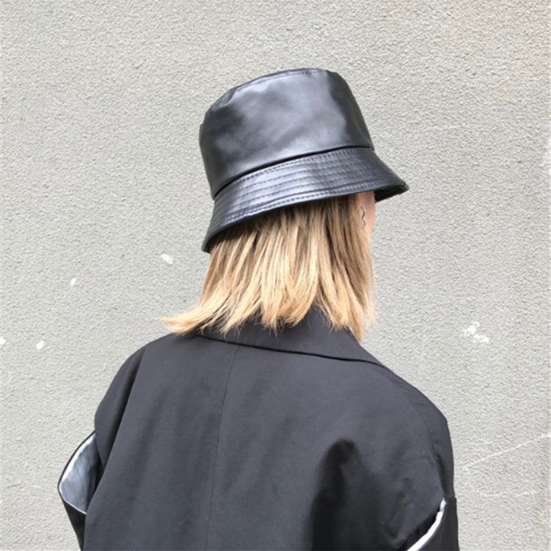 Winter Autumn Solid Black Soft PU Leather Bucket Cap Retro Lady Panama Hat Outdoor Sunscreen  Hats & Caps