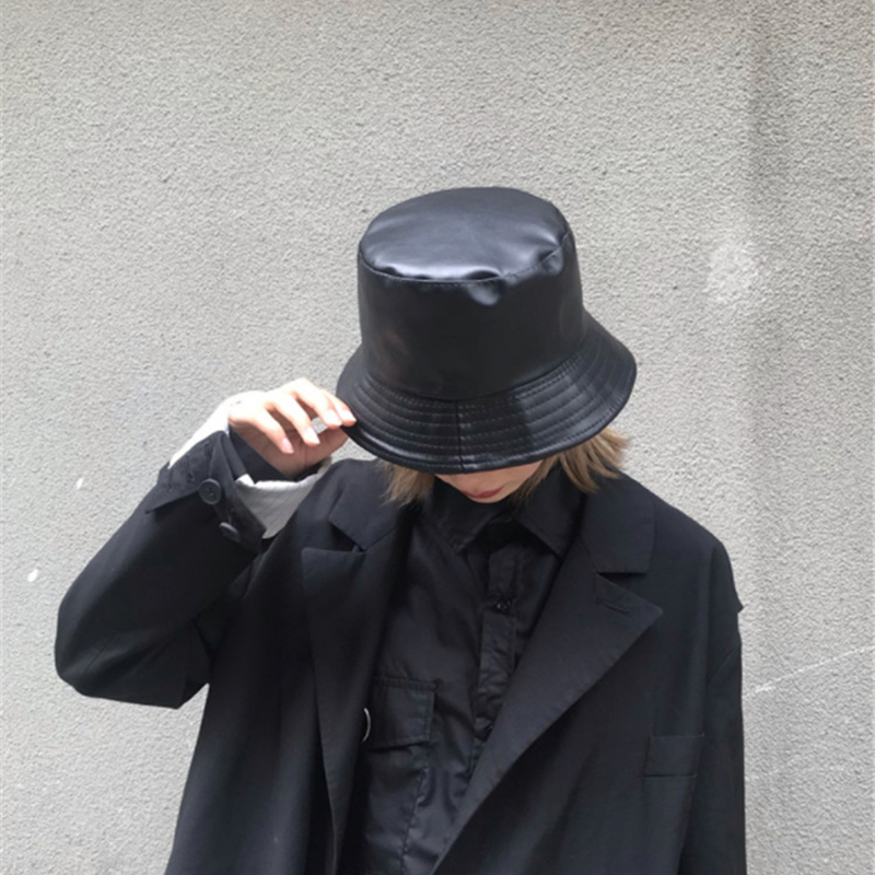 Winter Autumn Solid Black Soft PU Leather Bucket Cap Retro Lady Panama Hat Outdoor Sunscreen  Hats & Caps