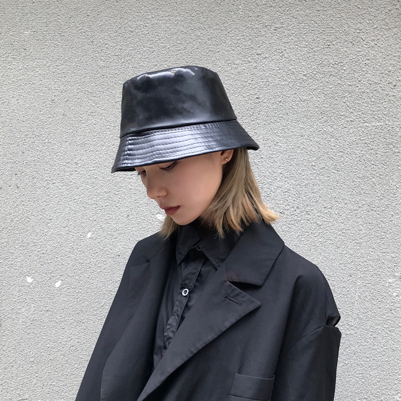 Winter Autumn Solid Black Soft PU Leather Bucket Cap Retro Lady Panama Hat Outdoor Sunscreen  Hats & Caps