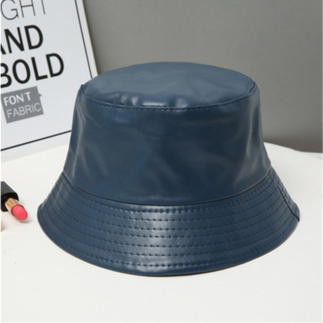 Winter Autumn Solid Black Soft PU Leather Bucket Cap Retro Lady Panama Hat Outdoor Sunscreen  Hats & Caps