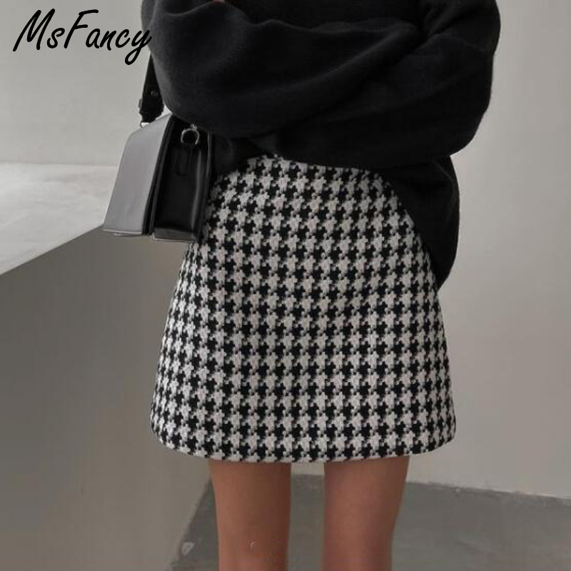 Msfancy Plaid Mini Skirt Women Black White Fashion Official Faldas 2021 Mujer Korean Style High Waist Short Jupe Skirts