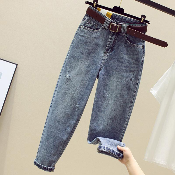 Spring Summer New Korea Fashion Women High Waist Loose Ripped Jeans Vintage Blue Casual Cotton Trousers & Leggings