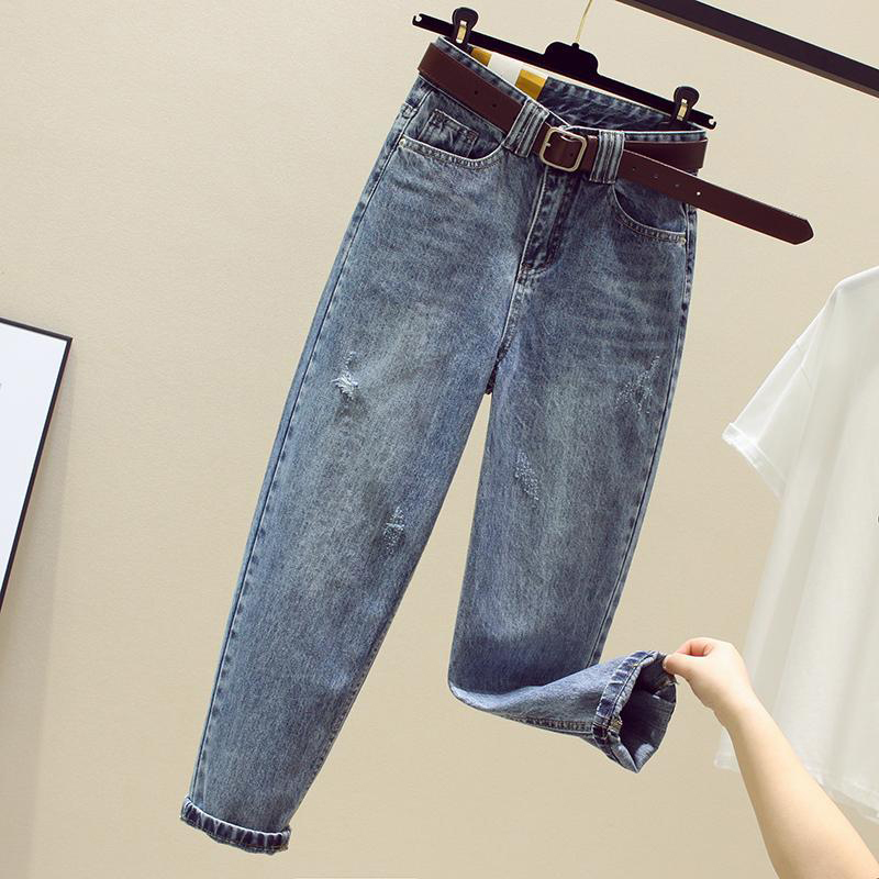 Spring Summer New Korea Fashion Women High Waist Loose Ripped Jeans Vintage Blue Casual Cotton Trousers & Leggings