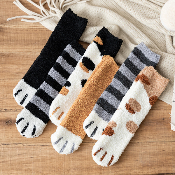 5PCS Winter Socks Women Thick Coral fleece Warm Socks Animal Cat Paw Cute Socks Girls Soft Floor Socks