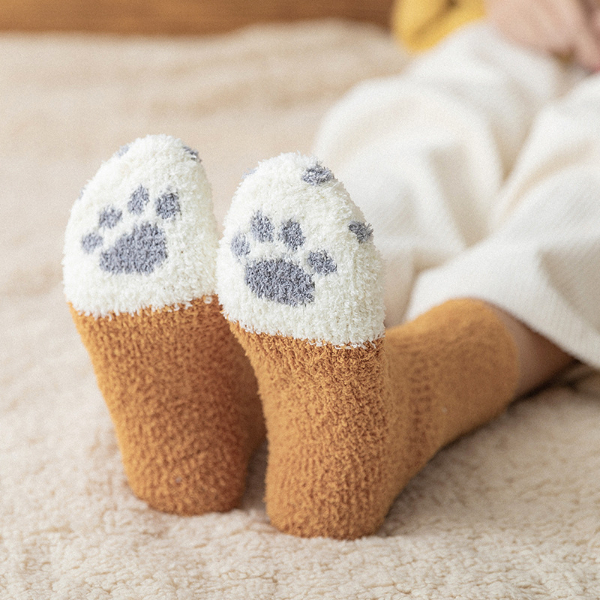 5PCS Winter Socks Women Thick Coral fleece Warm Socks Animal Cat Paw Cute Socks Girls Soft Floor Socks