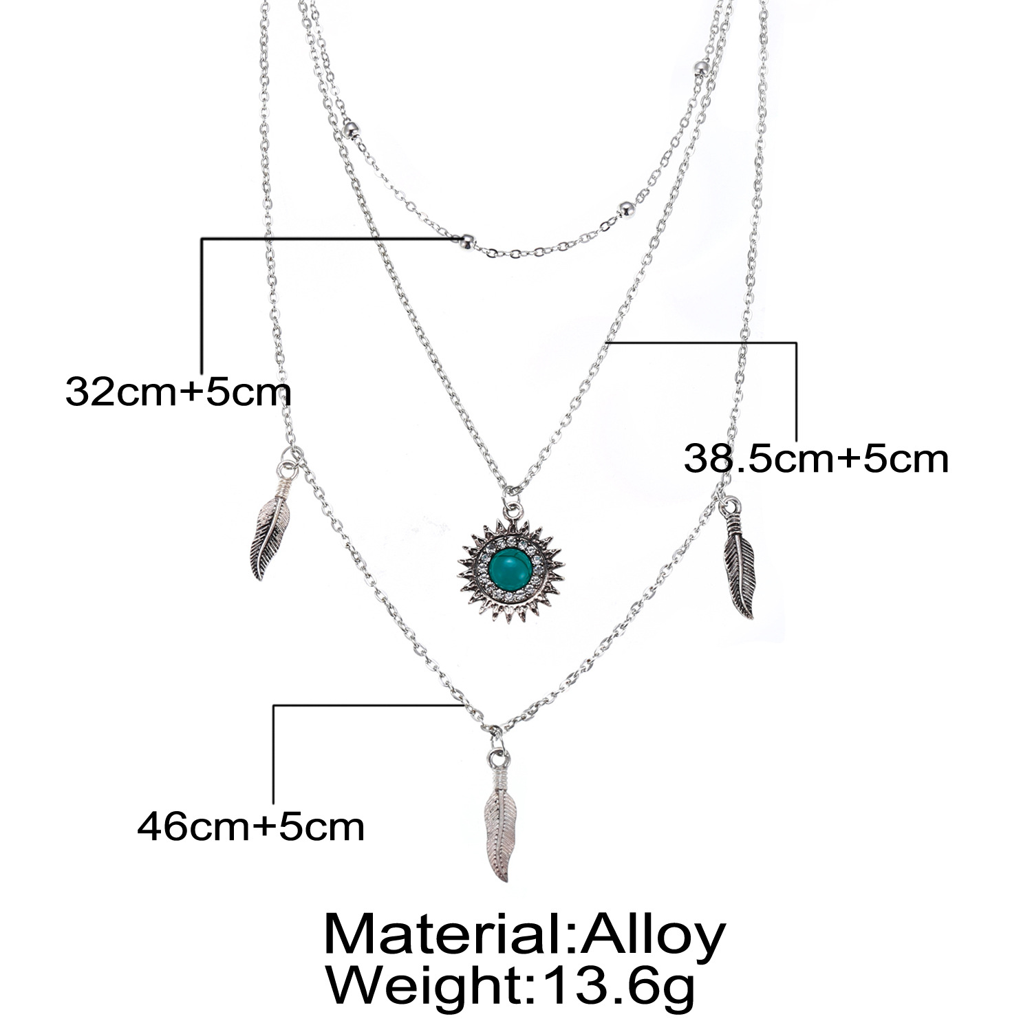 Fashionable multi-layer sun and feather pendant women's necklace European and American accessories